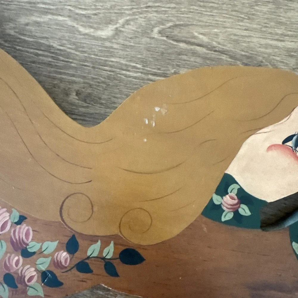 Flying Girl Trumpet Hand Crafted Painted on Wood Wall Hanging, 21 1/4